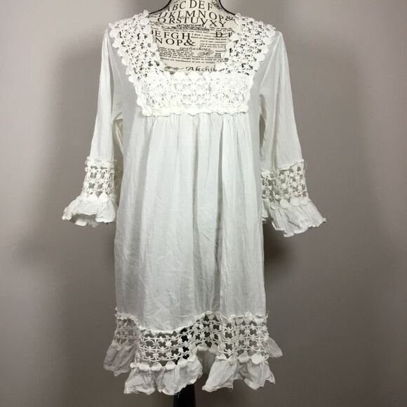 Dresses & Skirts - White gauzy 100% cotton tunic dress square neck crochet neck hem and cuff sz M
